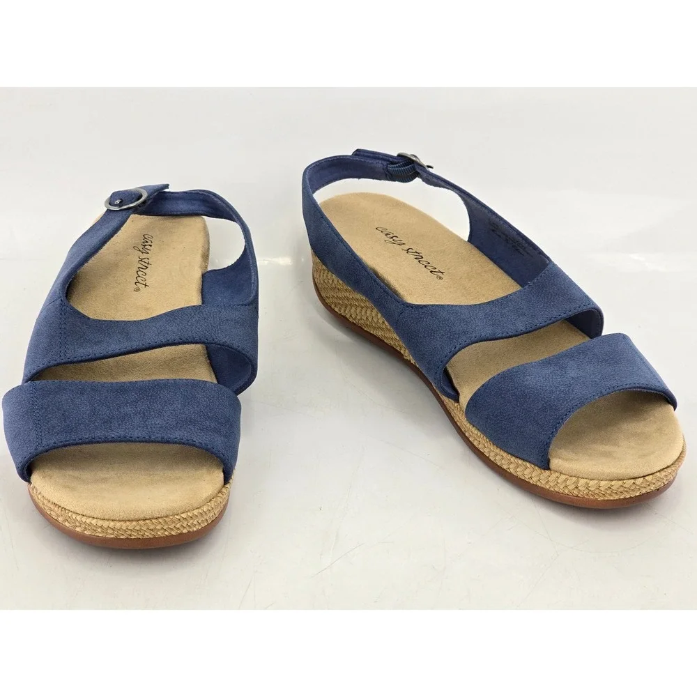 Easy Street Wedge Sandals Womens 10WW Blue Slingback Espadrille -Excellent